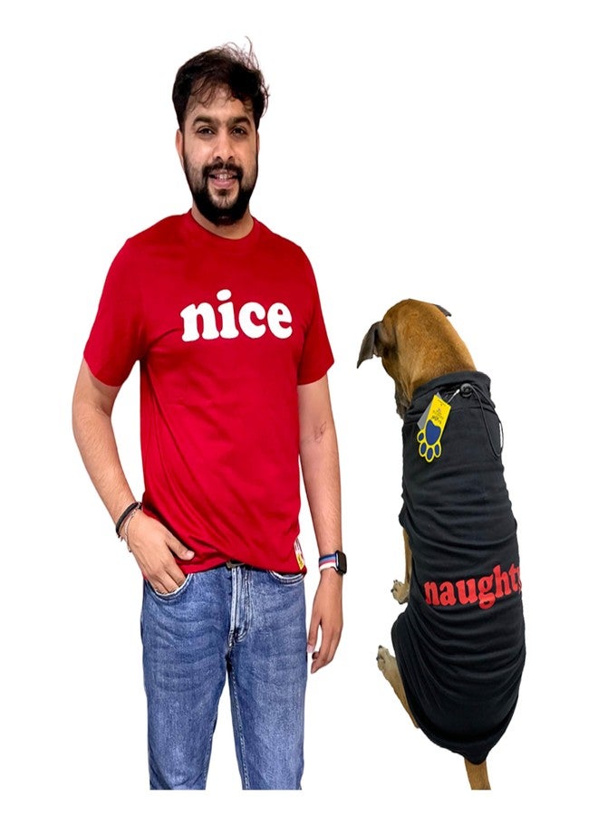 A+a Pets تيشيرت فاخر مطبوع عليه رسومات لحيوانات أليفة من A+a، مناسب للبشر (للجنسين) بنقشة "لطيف" وللحيوانات الأليفة (كلاب وقطط) بنقشة "مشاغب" | تيشيرتات بأكمام نصفية ورقبة دائرية | قطن (مقاسات البشر: XS، الحيوانات الأليفة: M، أحمر وأسود) - Image 1